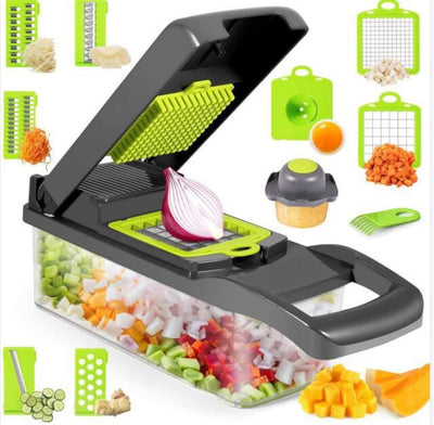Revolutionize your kitchen experience with our versatile Vegetable Chopper Slicer, a true multitasking marvel. This 10-piece set equips you with the essential tools needed for slicing, dicing, chopping, and more